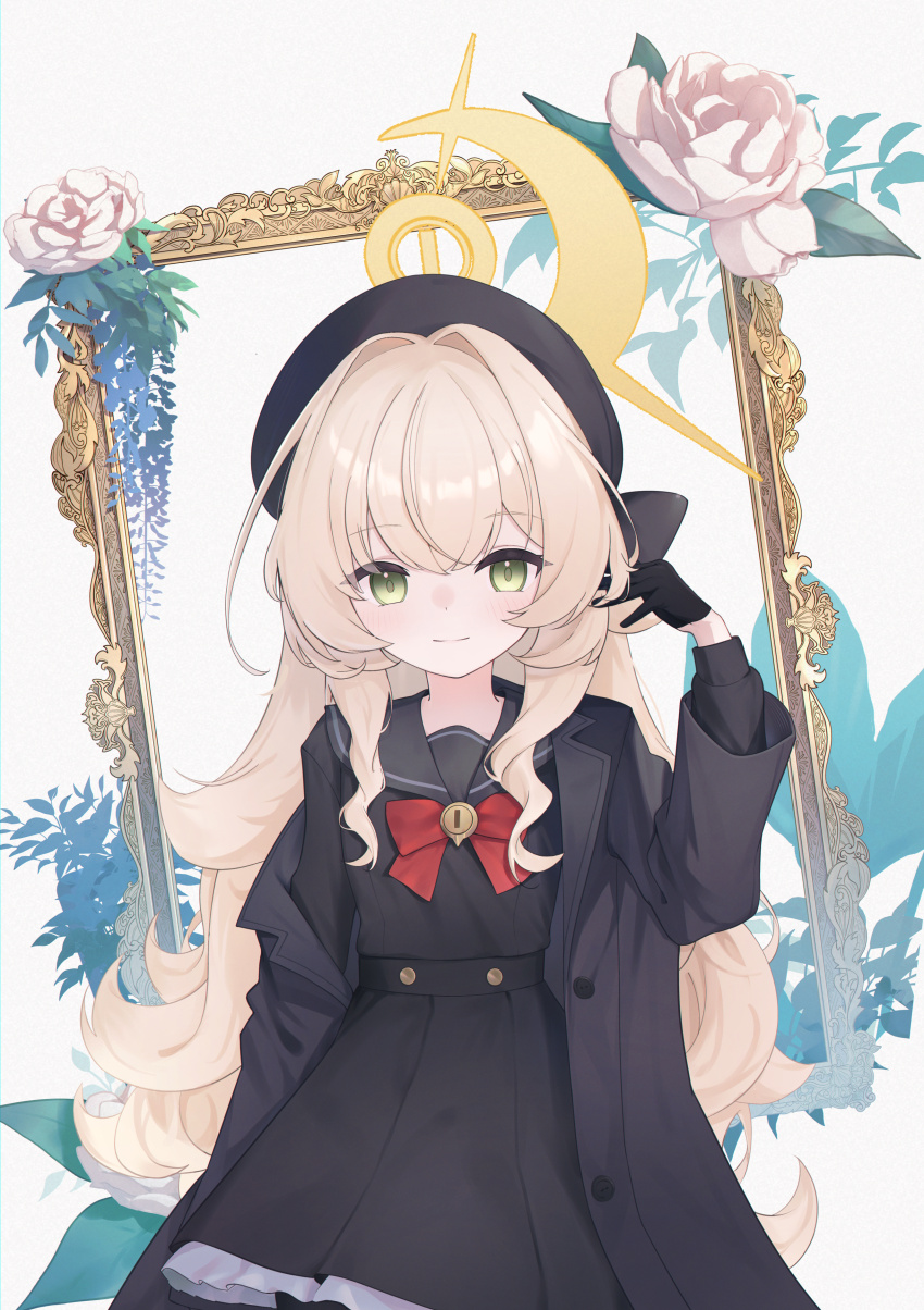 1girl absurdres beret black_gloves black_shirt blonde_hair blue_archive bow bowtie ciza_gomi gloves green_eyes halo hat highres jacket long_hair professor_niyaniya_(blue_archive) red_bow red_bowtie shirt white_background