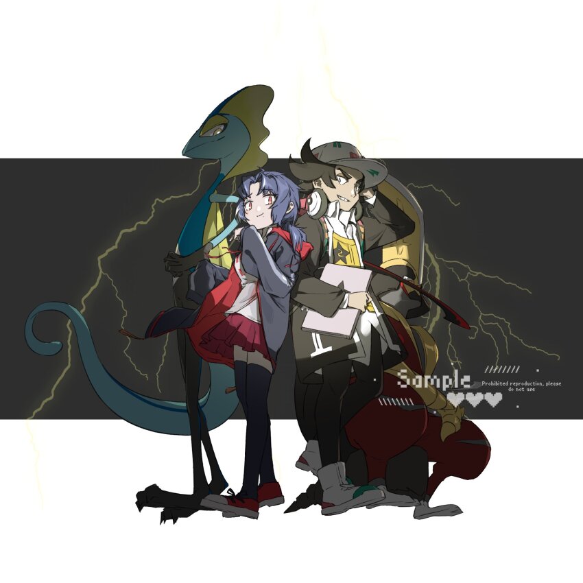 1boy 1girl 1other black_hair black_jacket black_pants black_thighhighs blue_hair blue_skin colored_skin commission full_body gen_8_pokemon giacomo_(pokemon) grey_eyes grey_jacket hat headphones headphones_around_neck highres inteleon jacket kingambit lizard lizard_tail looking_at_viewer nintendo orange_eyes pants pokemon pokemon_(creature) pokemon_sv red_shoes red_skirt robinlovesop shirt shoes simple_background skirt standing tail thighhighs vest white_background white_hat white_shirt white_shoes yellow_eyes yellow_vest