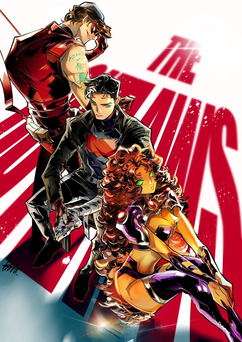 1girl 2boys baseball_cap batman_(series) black_hair blue_eyes bodysuit boots bow breasts brown_jacket colored_sclera colored_skin dc_comics domino_mask gloves green_eyes green_sclera grey_bodysuit hat highres jacket jason_todd large_breasts long_hair looking_at_viewer mask multicolored_hair multiple_boys muscular muscular_male orange_hair orange_skin pants red_bodysuit red_hair red_hood_(dc) roy_harper short_hair shoulder_tattoo smile starfire superhero_costume tattoo teen_titans tokitokororo two-tone_bodysuit two-tone_hair white_hair