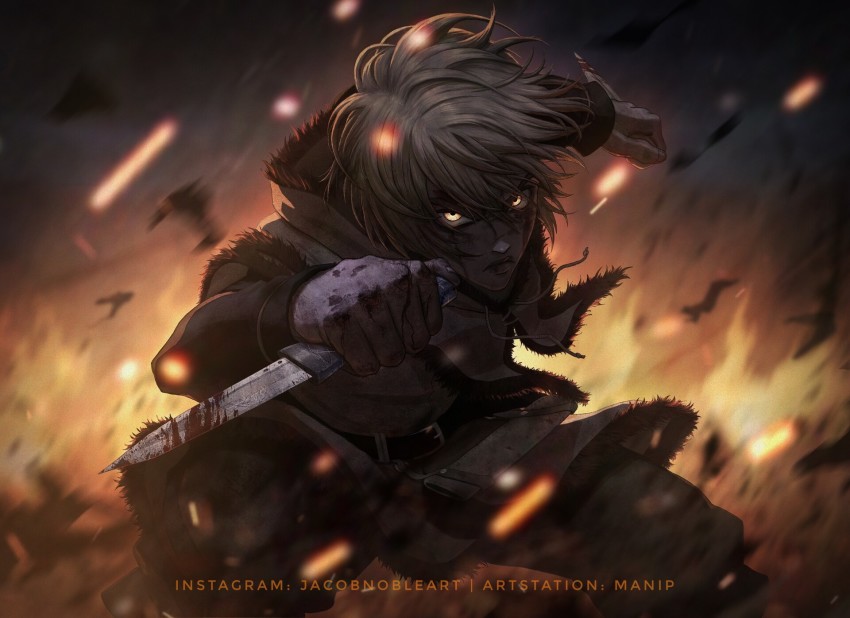 1boy angry belt bleeding blonde_hair blood blood_on_face blood_on_clothes bloody_weapon dagger dual_wielding fire highres holding holding_dagger holding_knife holding_weapon hood hoodie knife long_sleeves looking_at_viewer male_focus manip manly medium_hair reverse_grip serious sheath solo thorfinn viking vinland_saga weapon yellow_eyes