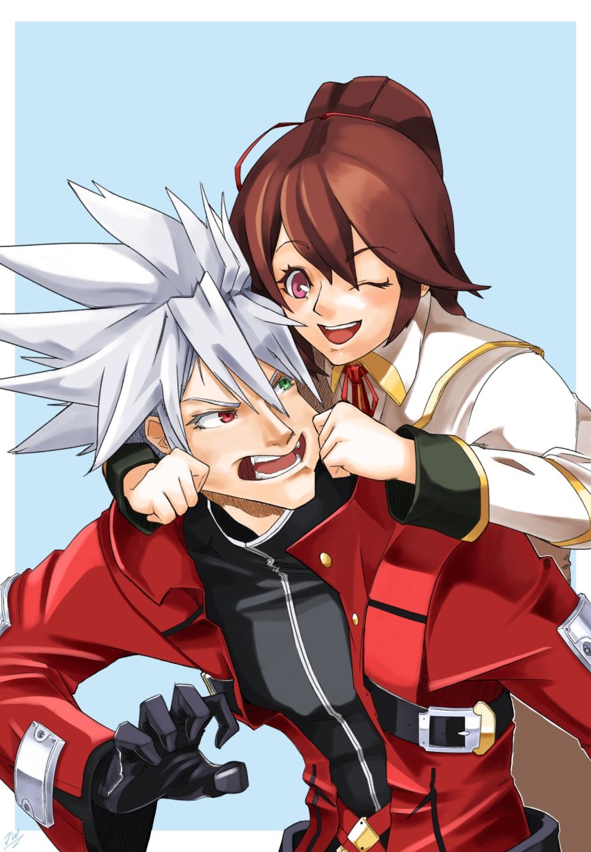 1boy 1girl blazblue brown_hair celica_a._mercury cheek_pinching commission from_behind frown gloves green_eyes hair_ornament hair_ribbon happy heterochromia highres jacket lord_jaywalk one_eye_closed pinching ponytail ragna_the_bloodedge red_eyes red_jacket ribbon simple_background smile teeth white_hair