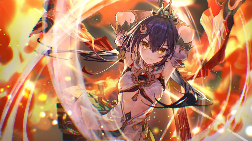 1girl absurdres armpits arms_up bra chinese_clothes closed_mouth commentary detached_collar detached_sleeves fire flat_chest frown grey_hair hair_between_eyes hair_ornament hairclip headpiece highres holding holding_sword holding_weapon honkai:_star_rail honkai_(series) jewelry long_hair looking_at_viewer low_twintails necklace orange_eyes pendant short_sleeves slashing solo stomach sword twintails underwear weapon yu_hydra yunli_(honkai:_star_rail)