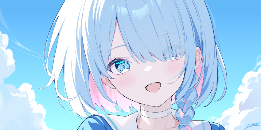 1girl :d arona_(blue_archive) blue_archive blue_eyes blue_hair blue_serafuku blue_shirt blush braid choker day hair_over_one_eye happy highres looking_at_viewer medium_hair multicolored_hair open_mouth outdoors pink_hair sailor_collar school_uniform serafuku shirt single_braid smile solo teeth two-tone_hair upper_body upper_teeth_only white_choker white_sailor_collar zuu_(qq770463651)