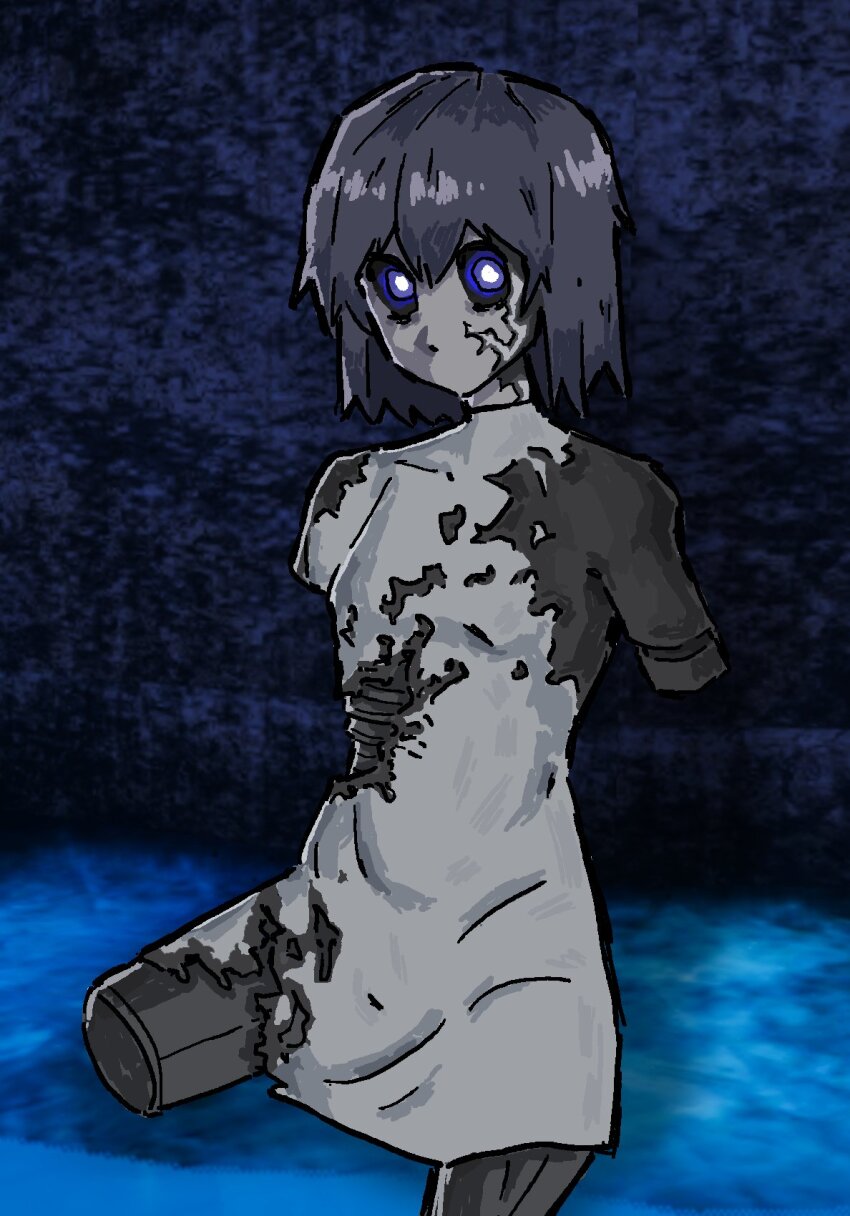 1girl against_wall amputee artificial_eye black_hair black_sclera bright_pupils colored_sclera commentary concrete cyberpunk damaged dress english_commentary flat_chest full_body game_screenshot_background glowing glowing_eyes grey_dress grey_hair hair_between_eyes highres indoors jaggy_lines mechabare mechanical_eye medium_hair nietzschka_(peripeteia) no_mouth olditach9375 on_floor peripeteia purple_eyes quadruple_amputee ribs robot_girl science_fiction screenshot_background short_dress sitting sketch solo three_quarter_view torn_clothes torn_dress white_pupils