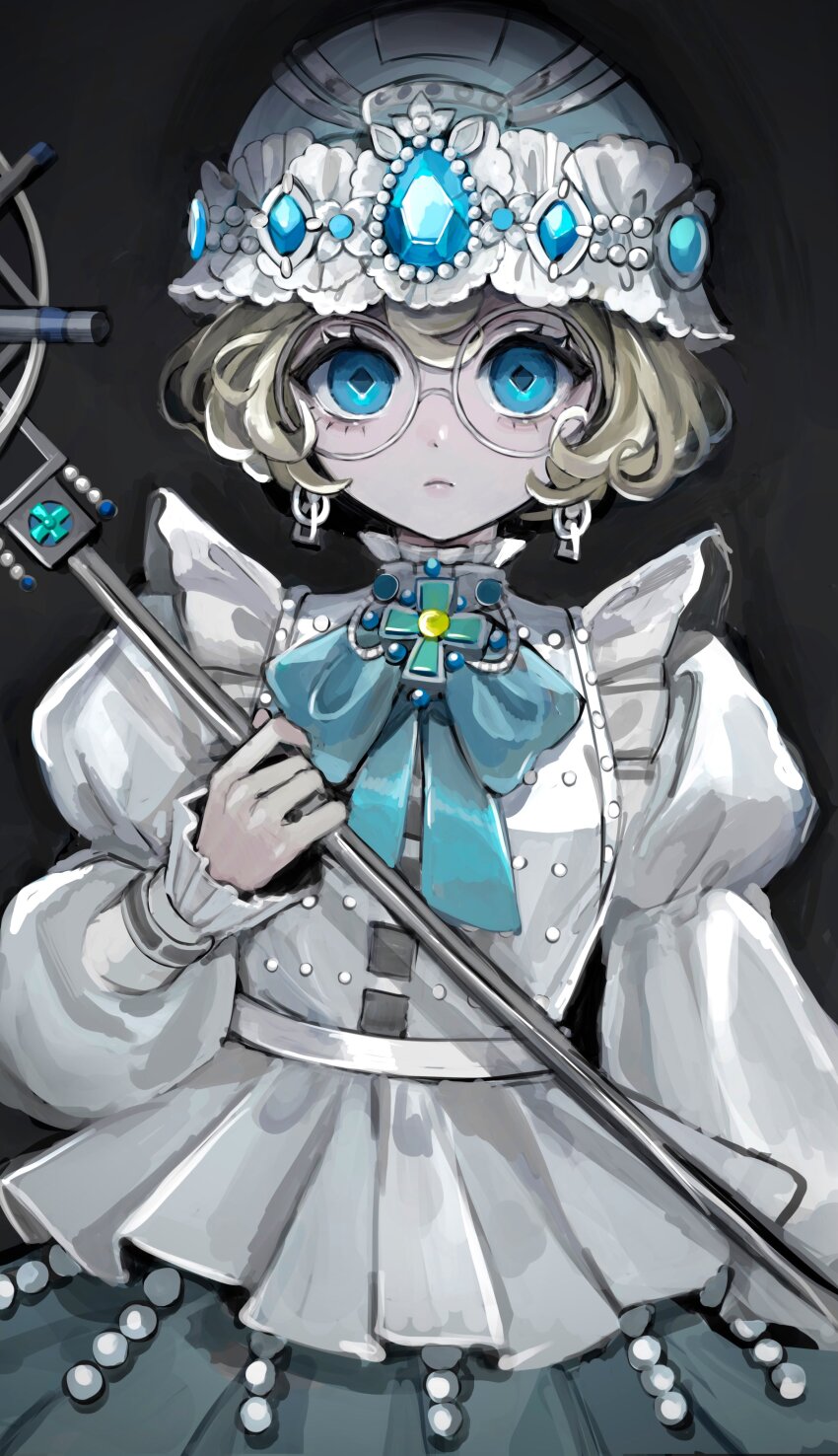 1girl absurdres black_background blonde_hair blue_bow blue_bowtie blue_eyes blue_gemstone bow bowtie brooch cowboy_shot cross curly_hair diamond-shaped_pupils diamond_(shape) dress earrings expressionless gem glasses hair_between_eyes hat helena_adams highres hoge_(n8sss) holding holding_staff identity_v jewelry long_sleeves looking_at_viewer mob_cap official_alternate_costume puffy_long_sleeves puffy_sleeves round_eyewear short_hair simple_background solo staff symbol-shaped_pupils white_dress white_hat