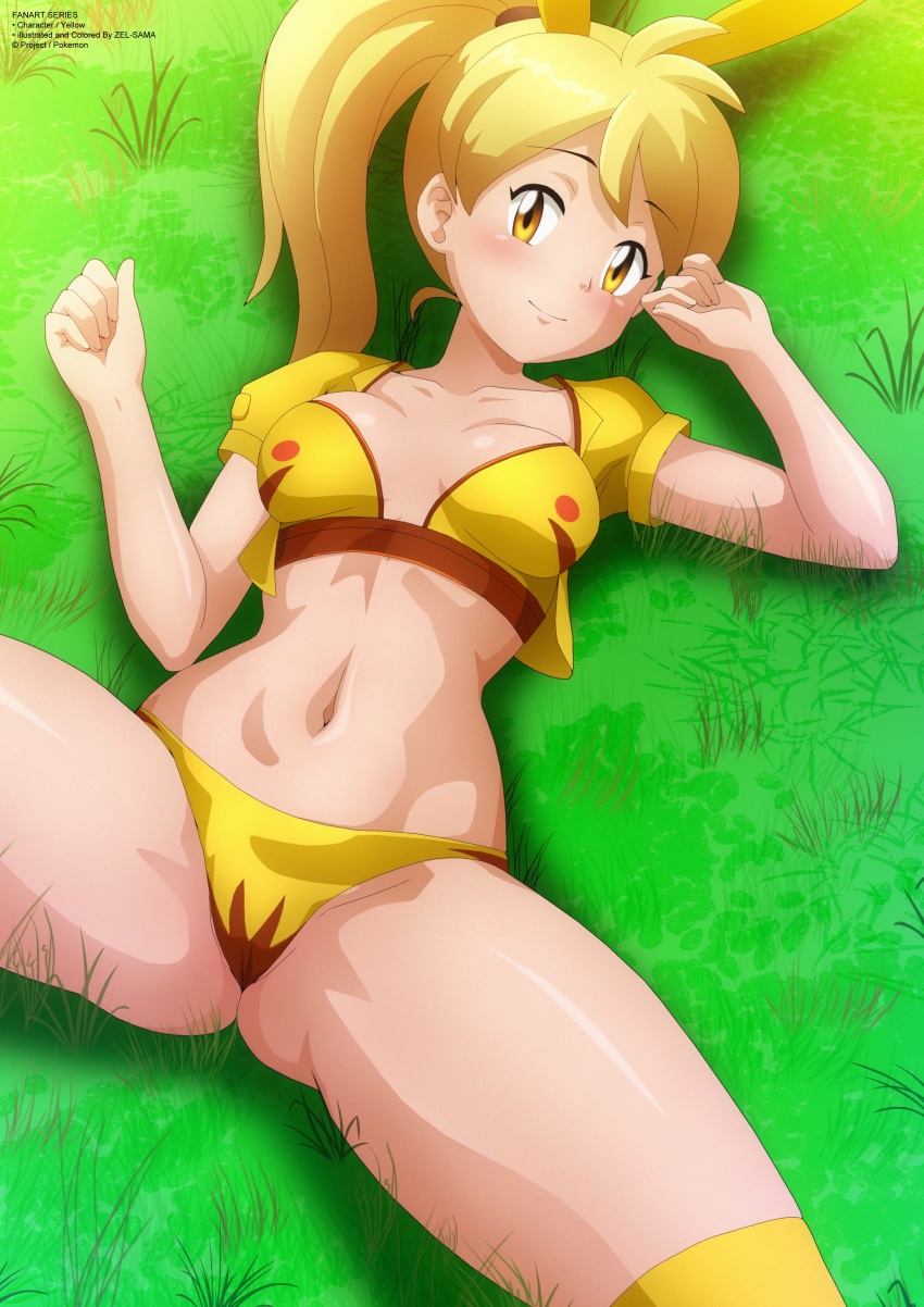 1girl absurdres animal_ears blonde_hair blush bra breasts collarbone cosplay fake_animal_ears game_freak gen_1_pokemon grass highres jacket long_hair looking_at_viewer lying medium_breasts navel nintendo open_clothes open_jacket panties pikachu pikachu_(cosplay) pikachu_ears pokemon pokemon_adventures ponytail print_bra print_panties puffy_sleeves short_sleeves smile thighhighs underwear yellow_(pokemon) yellow_bra yellow_eyes yellow_jacket yellow_panties yellow_theme yellow_thighhighs zel-sama