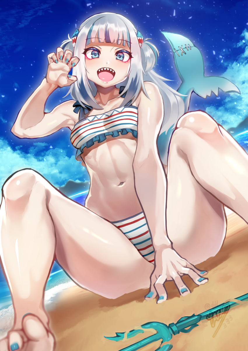 1girl absurdres barefoot beach bikini blue_hair blush breasts eyebrows_hidden_by_hair feet fins fish_tail frilled_bikini frills gawr_gura highres hololive hololive_english long_hair looking_at_viewer m_legs makeup medium_breasts multicolored_bikini nail_polish navel ocean open_mouth polearm shark_girl shark_tail sharp_teeth signature sitting smile solo spread_legs stomach swimsuit tail teeth toenail_polish toenails toes trident upper_teeth_only virtual_youtuber weapon yasu_suupatenin