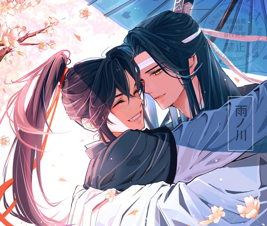 2boys absurdres artist_name bishounen black_hair black_hanfu blue_umbrella blush branch cherry_blossoms chinese_clothes closed_eyes closed_mouth couple day falling_petals flower grin hair_ribbon hanfu headband high_ponytail highres holding holding_umbrella hug lan_wangji light_particles long_hair long_sleeves looking_at_another male_focus modao_zushi multiple_boys oil-paper_umbrella parted_bangs petals pink_flower ponytail red_ribbon ribbon robe sidelocks smile teeth topknot tou_tou23 umbrella upper_body watermark wei_wuxian white_hanfu white_headband wide_sleeves xiao_guan_(headdress) yaoi yellow_eyes