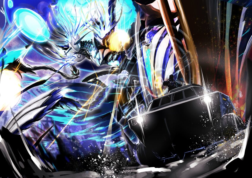 152_in_can 1girl absurdres alien armor battle black_armor car driving faceless fate/grand_order fate_(series) giant giant_monster glowing highres holding holding_shield horns huge_horns kaiju lord_camelot_(fate) mash_kyrielight mash_kyrielight_(ortenaus) monster motor_vehicle on_car ort_(type-moon) shield tendril