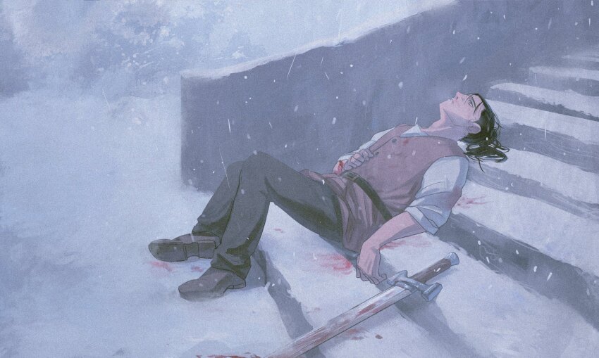 1boy belt black_eyes black_hair blade_runner_2049 blood blood_on_clothes blood_on_face chi.:_chikyuu_no_undou_ni_tsuite full_body hair_pulled_back highres long_hair looking_up lying male_focus oczy on_back outdoors pants ponytail scene_reference shirt snowing solo sword toro_(gyuhmtdao15070) vest weapon