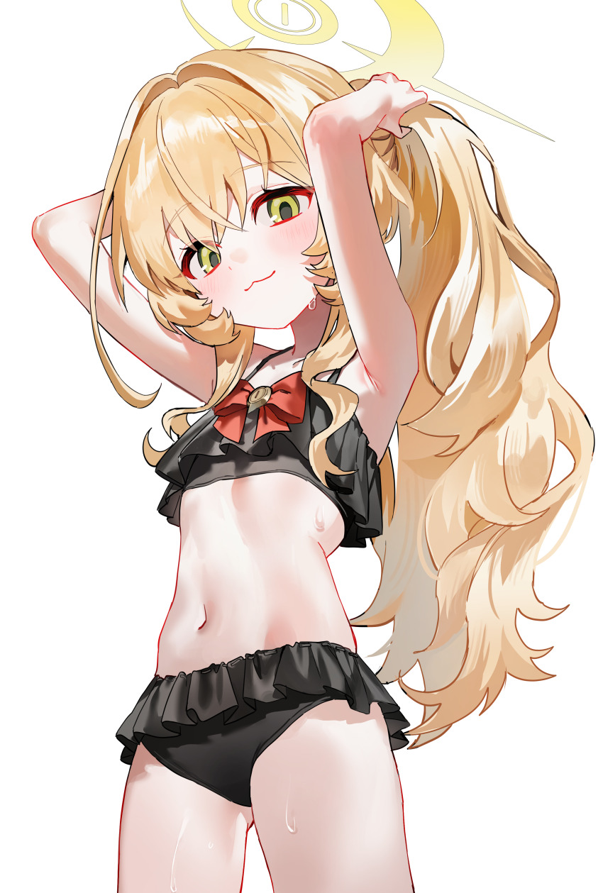 1girl :3 absurdres alternate_costume armpit_crease armpits arms_up bare_arms bikini black_bikini blonde_hair blue_archive bow bow_bikini closed_mouth collarbone crossed_bangs dot_nose flat_chest frilled_bikini frills gluteal_fold green_eyes hair_between_eyes halo highres light_blush loli long_hair looking_at_viewer minojko112 navel ponytail professor_niyaniya_(blue_archive) red_bow sidelocks simple_background smile solo standing stomach swimsuit thighs tying_hair very_long_hair wet white_background yellow_halo