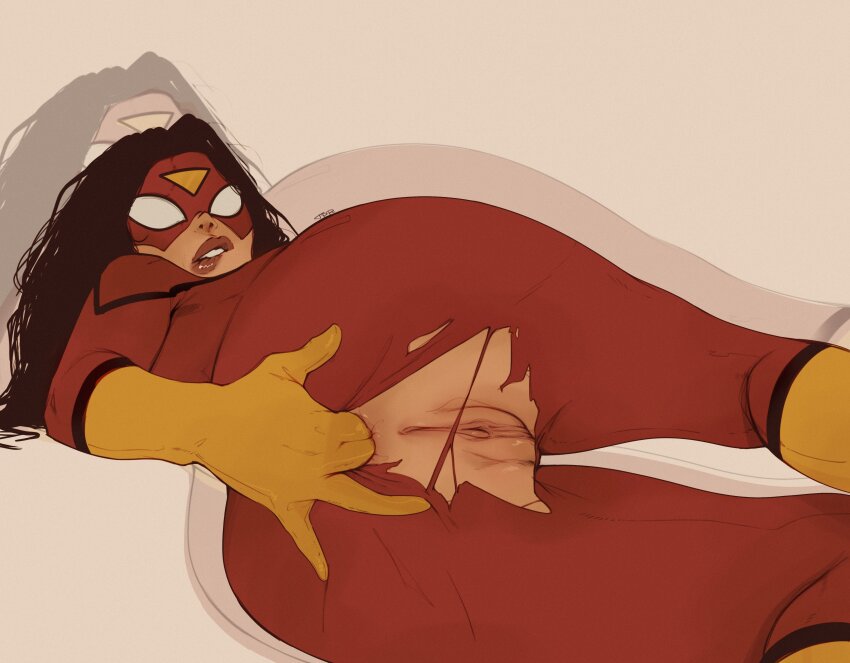1girl absurdres anal anal_fingering ass biting_own_lip bodysuit brown_hair commentary english_commentary female_masturbation fingering highres jessica_drew long_hair looking_back lying marvel mask masturbation on_side pussy red_bodysuit solo spider-man_(series) spider-woman superhero_costume tdp torn_bodysuit torn_clothes two-tone_bodysuit yellow_bodysuit