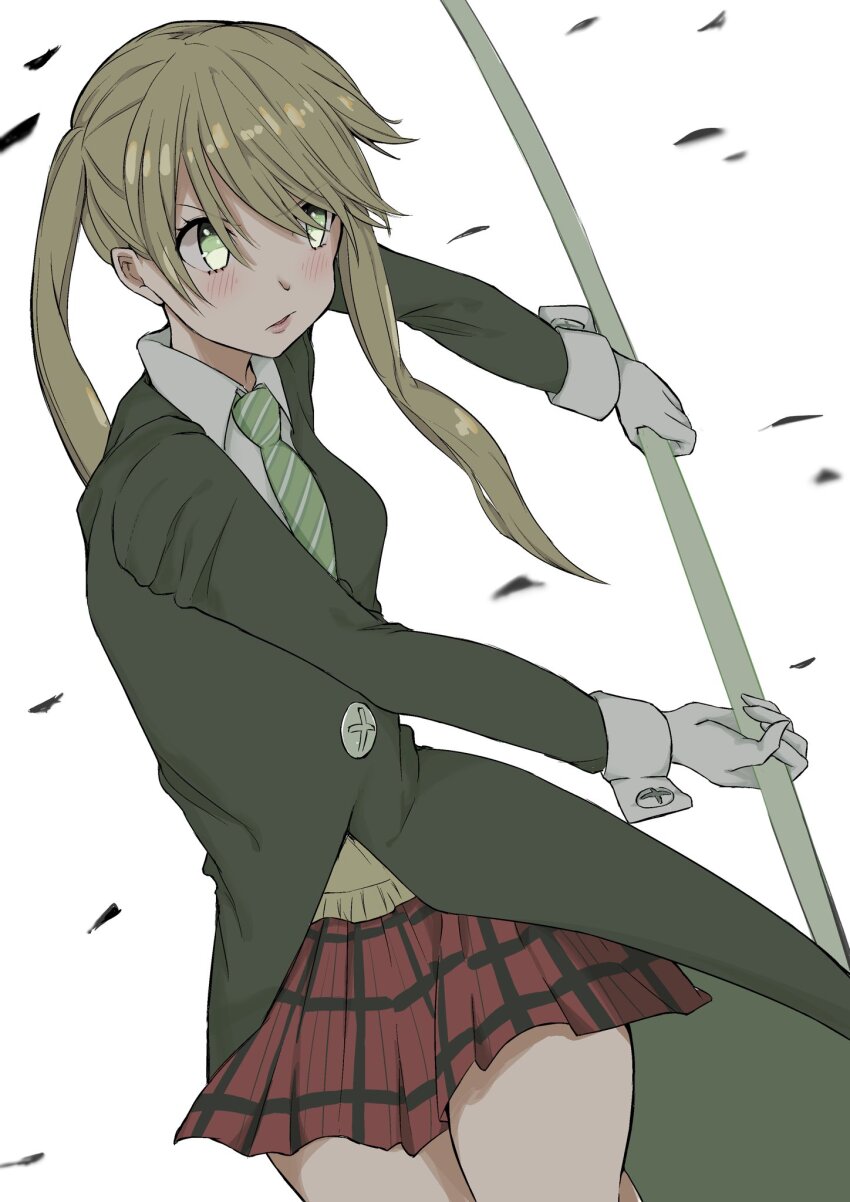 1girl blonde_hair closed_mouth gloves green_eyes green_necktie highres holding holding_polearm holding_weapon kapuhedo_(caplico_77) long_hair long_sleeves maka_albarn necktie plaid_clothes plaid_skirt pleated_skirt polearm red_skirt school_uniform simple_background skirt solo soul_eater striped_necktie twintails weapon white_background white_gloves
