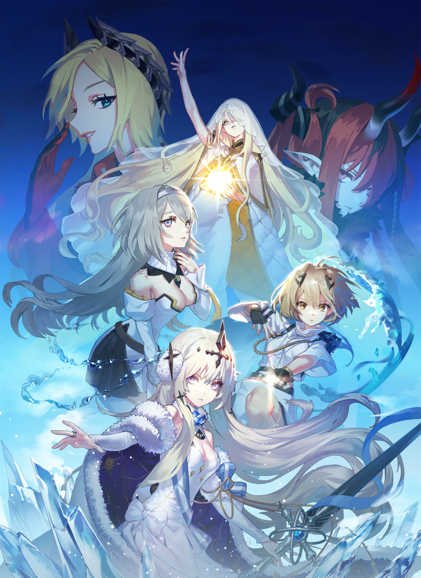 6+girls absurdres alchemy_stars bethlehem_(alchemy_stars) black_gloves black_horns blonde_hair blue_background blue_cape blue_eyes breasts brown_eyes brown_gloves brown_hair cape chain character_request cleavage dan_v041015 earmuffs fingerless_gloves fur-trimmed_cape fur_trim gloves grey_hair hair_ornament highres holding holding_sword holding_weapon horns ice_shard jewelry lipstick long_hair long_sleeves makeup medium_breasts multiple_girls pink_eyes pointy_ears purple_eyes red_gloves ring schummer_(alchemy_stars) short_hair short_sleeves small_breasts smile sword very_long_hair vice_(alchemy_stars) victoria_(alchemy_stars) water weapon white_cape