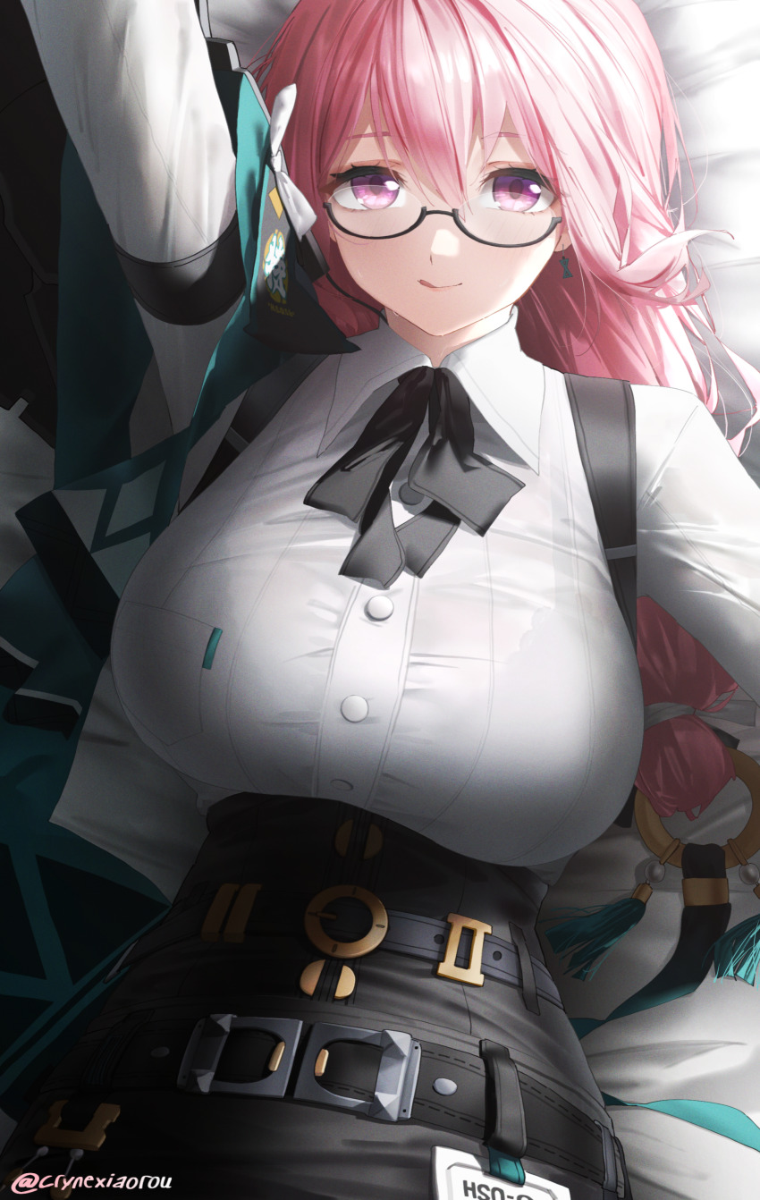 1girl absurdres arm_up black-framed_eyewear black_ribbon black_skirt blush breasts closed_mouth collared_shirt commentary cryne glasses highres huge_breasts looking_at_viewer neck_ribbon pink_eyes pink_hair ribbon shirt skirt solo tongue tongue_out tsukishiro_yanagi white_shirt zenless_zone_zero