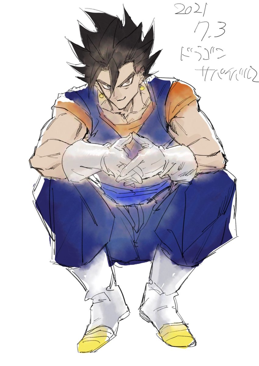 1boy black_eyes black_hair boots dragon_ball dragonball_z earrings gloves hair_between_eyes highres interlocked_fingers jewelry male_focus potara_earrings shin_(sinsin12121) simple_background sitting sketch smile solo spiked_hair vegetto white_background white_gloves