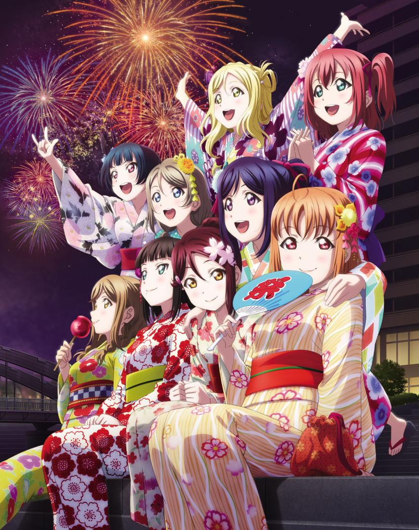 6+girls :d aerial_fireworks ahoge aqua_eyes artbook black_hair blonde_hair blue_eyes blue_hair brown_hair candy_apple fireworks floral_print flower food grey_hair hair_flower hair_ornament hand_fan hand_on_another&#039;s_shoulder highres japanese_clothes kimono kunikida_hanamaru kurosawa_dia kurosawa_ruby long_hair looking_at_viewer love_live! love_live!_sunshine!! matsuura_kanan mole mole_under_mouth multiple_girls night night_sky non-web_source obi official_art ohara_mari open_mouth orange_hair outdoors paper_fan pointing ponytail purple_eyes purple_hair red_eyes red_hair sakurauchi_riko sash short_hair sitting sky smile takami_chika tsushima_yoshiko uchiwa watanabe_you yellow_eyes yellow_kimono yukata