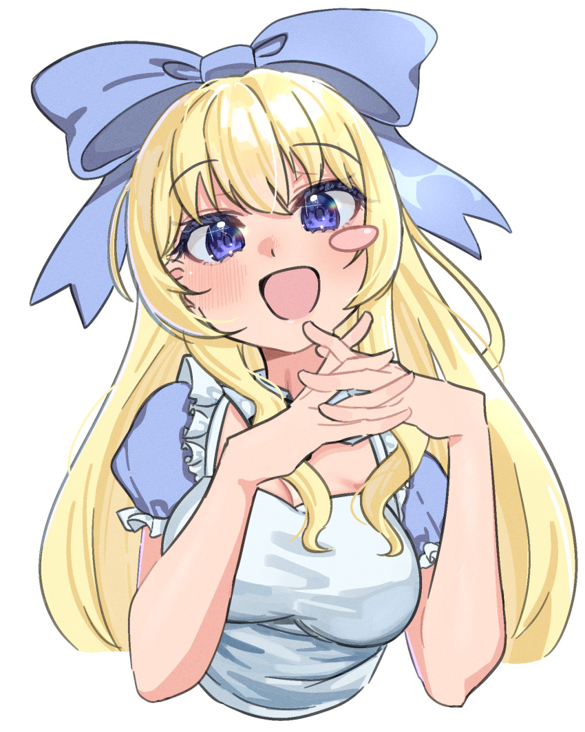 1girl alice_(black_souls) apron black_souls blonde_hair blue_bow blue_dress blush_stickers bow breasts cleavage dress hair_bow hands_up highres long_hair looking_at_viewer medium_breasts open_mouth otaichiichi puffy_short_sleeves puffy_sleeves short_sleeves sidelocks simple_background single_blush_sticker smile solo white_apron white_background