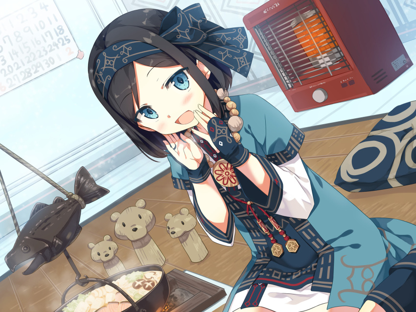 1girl :d ainu_clothes ayakashi_kyoushuutan bead_necklace beads black_hair blue_eyes blush calendar_(object) cura cushion dutch_angle female_focus fish gloves hands_up headband heater highres indoors irori_(hearth) jewelry jizaikagi kerosene_heater layered_sleeves long_sleeves nabe necklace official_art on_floor open_mouth palopolo parted_bangs pillow pot seiza short_hair short_over_long_sleeves short_sleeves sitting smile solo stew zabuton