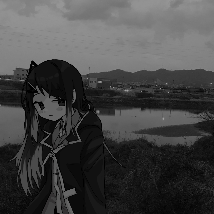 1girl arms_at_sides blush_stickers closed_mouth cloud cloudy_sky coat coefont collared_shirt colored_tips commentary_request cross_tie grass greyscale hair_ornament hairclip half-closed_eyes highres hood hood_down hooded_coat kure_(mainititanosii6) leaning_forward light_smile long_hair long_sleeves looking_at_viewer millial_(coefont) monochrome mountainous_horizon multicolored_hair one_side_up open_clothes open_coat outdoors photo_background pond power_lines raised_eyebrows shirt sky solo town upper_body