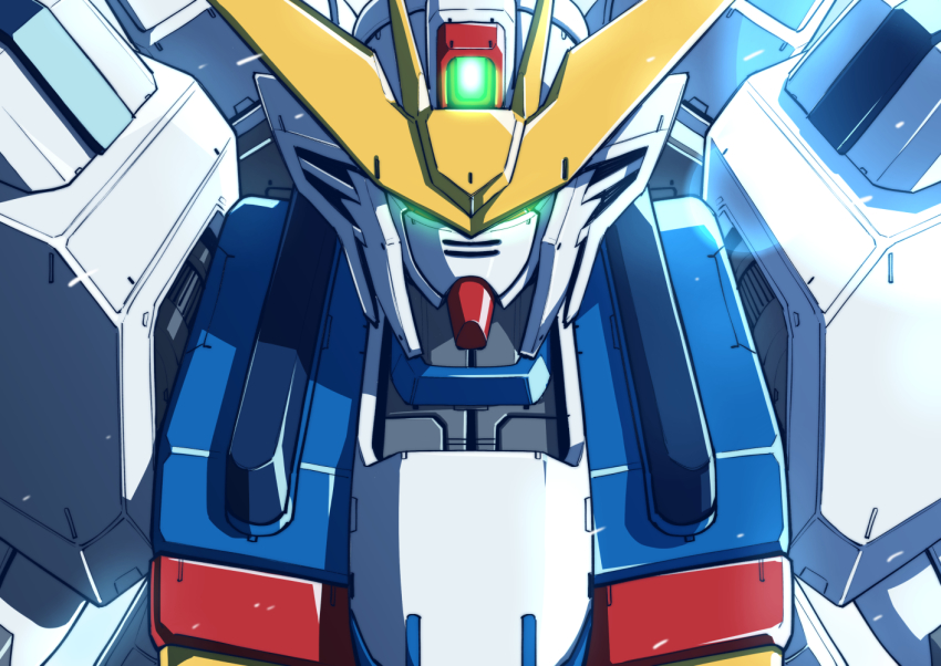 after_war_gundam_x covered_eyes from_above glowing glowing_eyes gundam gundam_x lens_flare mecha no_humans robot shouji_nigou v-fin