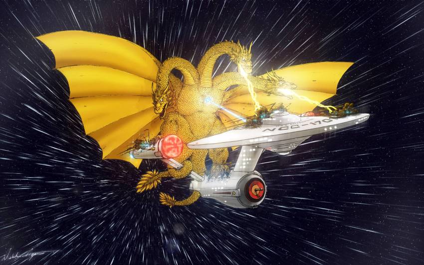 alien battle battle_damage crossover damage destruction dragon energy energy_beam explosion fighting fire flying godzilla_(series) gold_skin highres horns hydra king_ghidorah laser mane multiple_heads multiple_tails nicholas_agneta no_humans prehensile_tail signature sky smoke space space_monster spacecraft sparks star_(sky) star_trek starry_sky tail toho uss_enterprise_(star_trek) wings zero_gravity