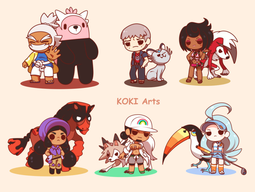 3boys 3girls :&lt; ahoge alolan_form alolan_persian arms_behind_back artist_name bewear black_footwear black_hair black_jacket black_pants blue_hair blue_hat blue_shirt blue_skirt brown_pants brown_shirt chibi clenched_hand closed_eyes closed_mouth commentary dark-skinned_female dark-skinned_male dark_skin english_commentary eyelashes facial_hair floral_print full_body game_freak gen_7_pokemon gloves golf_club grey_gloves grey_hair grey_shorts hala_(pokemon) half-closed_eyes hands_on_own_hips hapu_(pokemon) hat holding holding_golf_club jacket jewelry kahili_(pokemon) koki_arts kukui_(pokemon) lab_coat long_hair lycanroc lycanroc_(midday) lycanroc_(midnight) midriff mudsdale multiple_boys multiple_girls nanu_(pokemon) navel neckerchief necklace nintendo olivia_(pokemon) one_eye_closed open_clothes open_jacket orange_socks outstretched_arm pants pink_lips pink_shirt pink_shorts pokemon pokemon_(creature) pokemon_sm purple_neckerchief red_shirt sandals shirt short_hair short_shorts shorts simple_background skirt smile socks standing striped_clothes striped_shirt thick_eyebrows toucannon twintails two-tone_shirt v-shaped_eyebrows very_long_hair visor_cap white_footwear white_hat white_jacket white_shirt white_shorts yellow_jacket