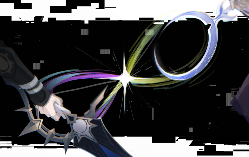 1boy 1girl absurdres ceremonial_blade_(honkai:_star_rail) chinese_commentary commentary_request cyrene_(honkai:_star_rail) dawnmaker_(honkai:_star_rail) flame_reaver_of_the_deepest_dark glitch highres holding holding_staff holding_sword holding_weapon honkai:_star_rail honkai_(series) infinity_symbol qinglan1044 space staff sword weapon