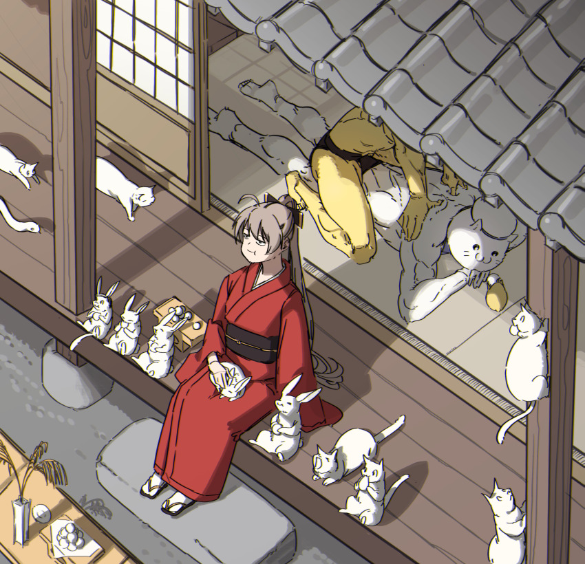 1girl ahoge animal animal_on_lap architecture azur_lane black_male_underwear briefs brown_hair cat dango east_asian_architecture eating food hair_ornament hatski.sin highres japanese_clothes jean_bart_(azur_lane) kimono lap_pillow long_hair male_underwear manjuu_(azur_lane) meowfficer_(azur_lane) multicolored_hair obi on_lap ponytail porch rabbit red_kimono ribbon sandals sash shouji sitting sliding_doors socks tabi topless_male underwear veranda wagashi white_cat