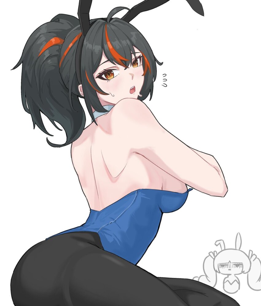 2girls alternate_costume animal_ear_hairband animal_ears bare_back black_hair black_pantyhose blue_leotard breasts fake_animal_ears flying_sweatdrops hairband highres kurokoi_art large_breasts leotard multicolored_hair multiple_girls pantyhose playboy_bunny ponytail qingyi_(zenless_zone_zero) rabbit_ear_hairband rabbit_ears red_eyes red_hair solo_focus strapless strapless_leotard streaked_hair white_background zenless_zone_zero zhu_yuan