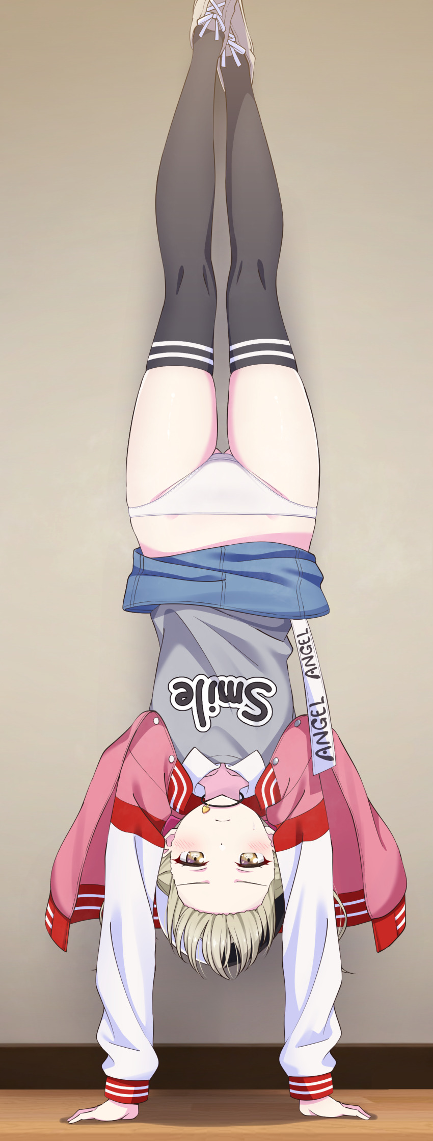 1girl absurdres azusawa_kohane baseball_cap black_thighhighs blonde_hair blue_skirt brown_shoes clothes_lift commentary_request grey_shirt handstand hat highres indoors jacket letterman_jacket long_hair long_sleeves looking_at_viewer mibushiro open_clothes open_jacket panties project_sekai shirt shoes skirt skirt_lift sneakers solo thighhighs thighs twintails two-tone_hat underwear upside-down white_panties