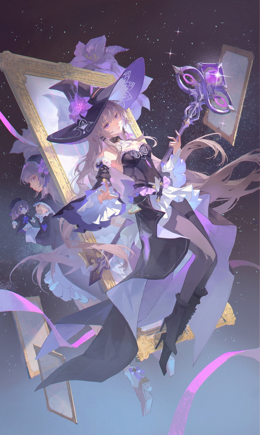 2girls asymmetrical_footwear bare_shoulders black_boots black_dress black_hat black_pantyhose boots brown_hair closed_mouth detached_sleeves doll_joints dress floating floating_hair flower hat hat_flower herta_(honkai:_star_rail) high_heel_boots high_heels highres holding holding_staff honkai:_star_rail honkai_(series) jewelry joints key key_necklace knee_boots long_hair long_sleeves looking_at_viewer multiple_girls necklace pantyhose purple_eyes purple_flower reaching reaching_towards_viewer shuang_wu sky smile staff star_(sky) starry_sky the_herta_(honkai:_star_rail) uneven_footwear wide_sleeves witch_hat