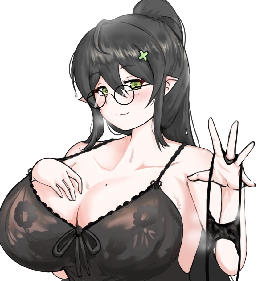 1girl almonduman black_camisole black_hair black_panties blush breasts camisole camisole_pull cleavage clothes_pull glasses green_eyes hair_ornament hands_on_own_chest highres hilde_(trickcal) holding holding_panties holding_underwear holding_unworn_clothes huge_breasts large_breasts lingerie long_hair mature_female mole mole_on_breast panties pointy_ears ponytail round_eyewear smile solo sweat trickcal underwear unworn_panties white_background x_hair_ornament