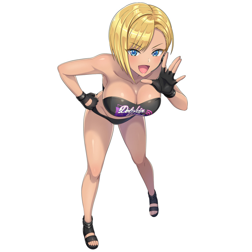 1girl bikini black_bikini black_gloves blonde_hair blue_eyes blush breasts cleavage dark-skinned_female dark_skin diving_suit dolphin_wave dutch_angle earrings fingerless_gloves game_cg gloves hand_on_own_hip hand_over_face headset highres jewelry large_breasts leaning_forward looking_at_viewer murahaya_mashio non-web_source official_art ootomo_takuji open_mouth print_bikini sandals short_hair shouting smile solo strapless strapless_bikini swept_bangs swimsuit transparent_background