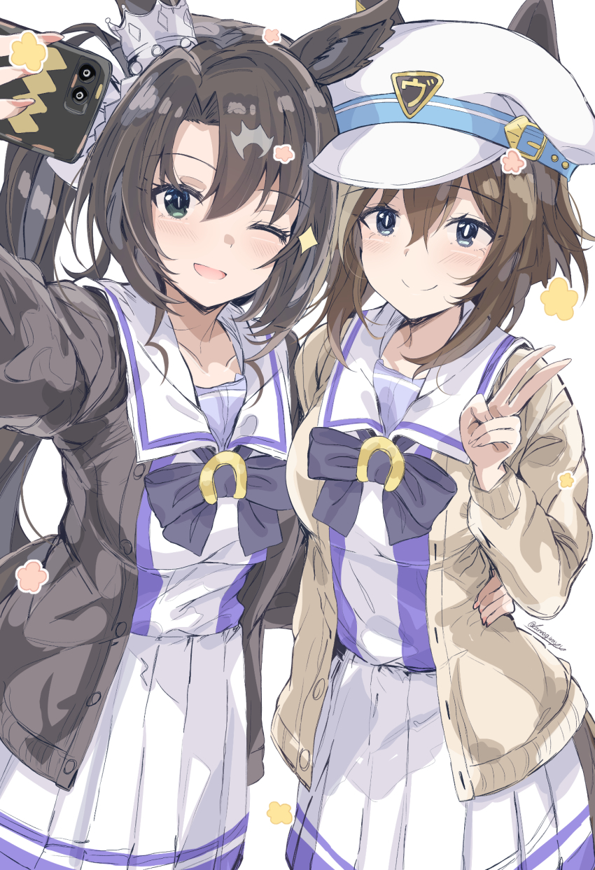 2girls animal_ears beret black_hair blue_eyes blush breasts brown_hair cellphone cheval_grand_(umamusume) collarbone commentary_request green_eyes hair_between_eyes hair_ornament hat highres horse_ears horse_girl kannagiray medium_breasts multiple_girls phone ribbon satono_crown_(umamusume) school_uniform selfie side_ponytail smile tracen_school_uniform twitter_username umamusume v white_background