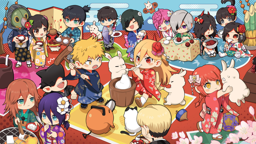 0_0 absurdres angel_devil_(chainsaw_man) bamboo beam_(chainsaw_man) black_hair black_sclera blonde_hair blue_eyes blue_hakama blush_stickers bow bowl braid brown_eyes cat chainsaw_man chibi chinese_zodiac colored_sclera commentary cooking cosmo_(chainsaw_man) cross-shaped_pupils dangling_eye denji_(chainsaw_man) exposed_brain eyepatch floral_print flower food green_eyes grey_eyes grey_hair grilling hair_between_eyes hair_bow hair_ornament hair_over_one_eye hairclip hakama hayakawa_aki heart heart-shaped_pupils higashiyama_kobeni highres himeno_(chainsaw_man) holding holding_mallet hood horns japanese_clothes kimono kine kishibe_(chainsaw_man) kiunchiku long_(chainsaw_man) makima_(chainsaw_man) mallet mask meowy_(chainsaw_man) mochi mochi_trail mochitsuki mole mole_under_eye mole_under_mouth mortar_(bowl) multiple_moles one_eye_closed pingtsi_(chainsaw_man) pink_hair pochita_(chainsaw_man) power_(chainsaw_man) prehensile_hair purple_eyes purple_hair quanxi&#039;s_group_(chainsaw_man) quanxi_(chainsaw_man) rabbit red_eyes red_hair red_horns reze_(chainsaw_man) ringed_eyes sandals sharp_teeth short_hair single_braid sitting socks stitched_face stitched_mouth stitches sweat symbol-shaped_pupils table teeth tsugihagi_(chainsaw_man) violence_fiend_(chainsaw_man) white_socks year_of_the_rabbit yellow_eyes yoshida_hirofumi yukata zouni_soup zouri