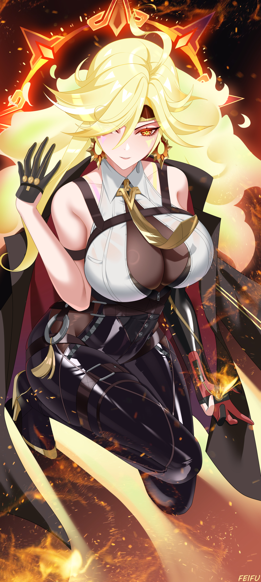 1girl absurdres bare_shoulders black_gloves black_pants blonde_hair breasts chinese_commentary collared_shirt commentary_request cosplay earrings evelyn_chevalier evelyn_chevalier_(cosplay) eyes_visible_through_hair feifu fire full_body genshin_impact gloves hair_over_one_eye hair_spread_out hand_up high-waist_pants highres huge_breasts incredibly_absurdres jewelry long_hair mavuika_(genshin_impact) necktie orange_eyes orange_pupils pants parted_lips shirt signature sleeveless sleeveless_shirt smile solo symbol_in_eye tight_clothes tight_pants white_shirt yellow_necktie zenless_zone_zero