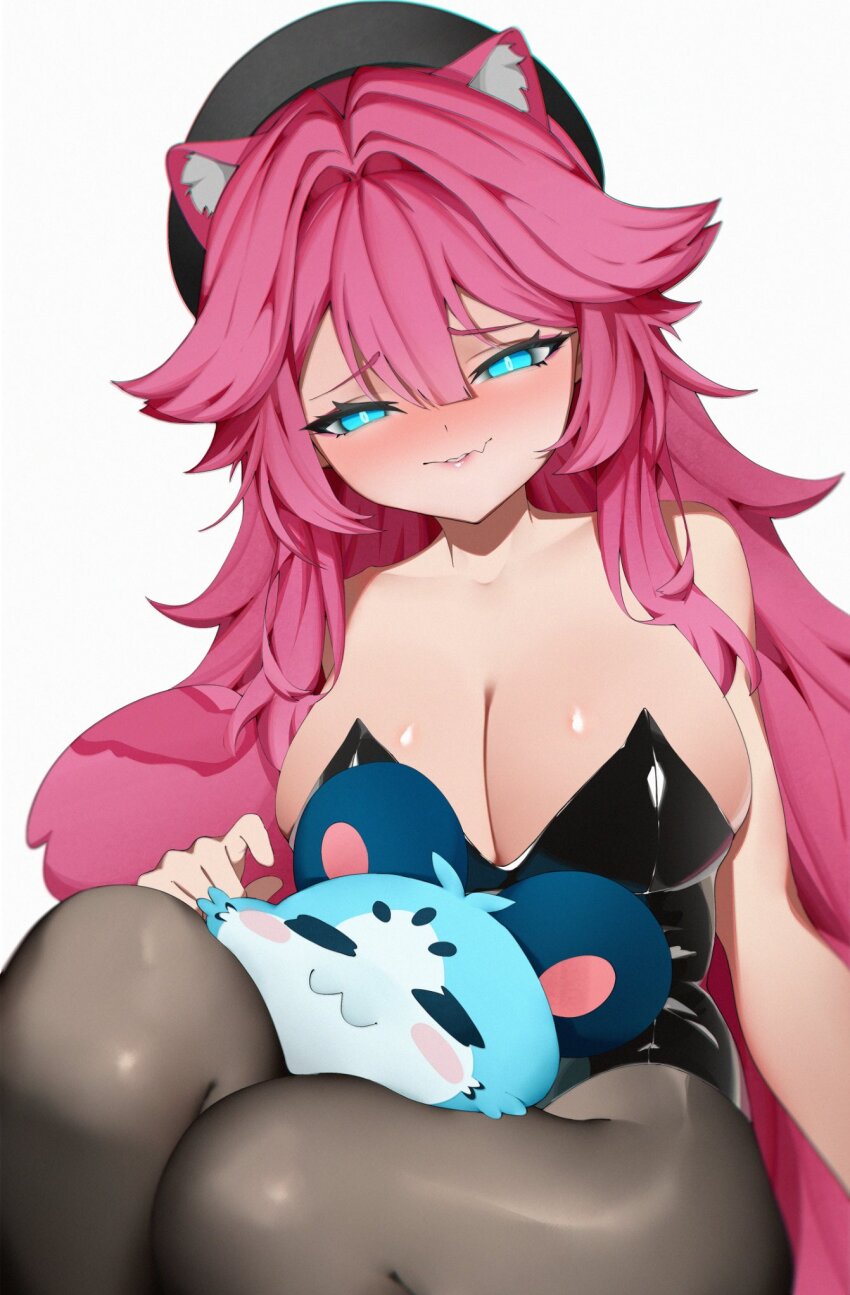 1girl :3 animal animal_ears animal_on_lap bare_shoulders beret between_thighs black_hat black_leotard black_pantyhose blue_eyes blush breasts chattino_(raora_panthera) cleavage collarbone commentary eyeshadow fang hair_intakes hat highres hololive hololive_english huge_breasts leotard long_hair looking_down makeup multicolored_hair on_lap panther_ears panther_girl panther_tail pantyhose pink_eyeshadow pink_hair pink_lips raora_panthera rieko_(kuusairieko) shiny_skin sitting skin_fang smile strapless strapless_leotard tail thighs virtual_youtuber white_background
