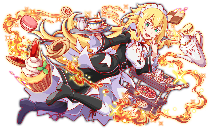 1girl anime_coloring apron artist_request back_bow black_boots black_bow black_corset black_ribbon black_skirt blonde_hair blueberry blush boots bow breasts cake checkerboard_cookie cleavage coattails cookie corset crash_fever cropped_shirt cup cupcake eyelashes food footwear_ribbon framed_breasts frederica_baumann fruit full_body game_cg green_eyes hair_between_eyes hair_ornament holding holding_tray horizontal-striped_sleeves icing juliet_sleeves knee_boots light_particles long_hair long_sidelocks long_skirt long_sleeves macaron maid maid_apron maid_headdress neck_ribbon nose_blush official_art official_style open_mouth outline petticoat pitcher_(container) puffy_sleeves re:zero_kara_hajimeru_isekai_seikatsu red_outline ribbon roswaal_mansion_maid_uniform sharp_teeth shirt sidelocks single_horizontal_stripe skirt sleeveless sleeveless_shirt smile solo sparkle strawberry strawberry_shortcake striped_sleeves sweets tachi-e tea teacup teapot teeth thick_eyebrows thighhighs third-party_source transparent_background tray twisted_torso two-sided_corset two-sided_fabric underbust very_long_hair white_apron white_bow white_headdress white_shirt white_stripes white_thighhighs wide_sleeves x_hair_ornament