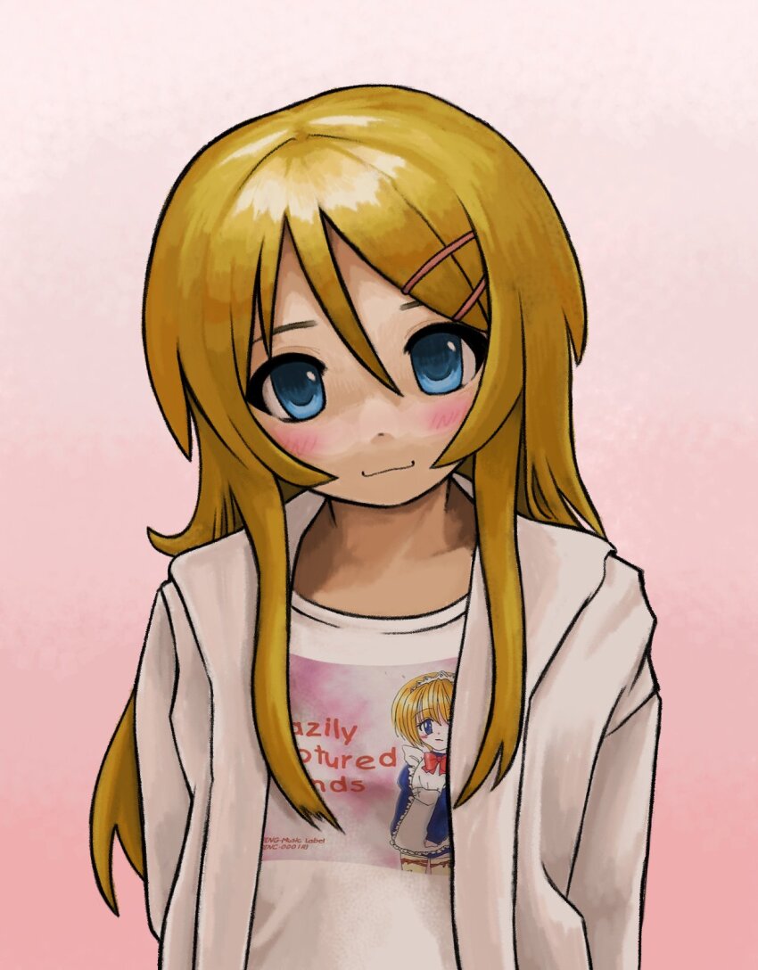 1girl blonde_hair blue_eyes blush closed_mouth commentary english_commentary english_text gradient_background hair_between_eyes hair_ornament hair_over_shoulder hairclip highres jacket kousaka_kirino light_smile open_clothes open_jacket ore_no_imouto_ga_konna_ni_kawaii_wake_ga_nai pink_background print_shirt shirt sidelocks smile solo t-shirt upper_body white_jacket zoolpal