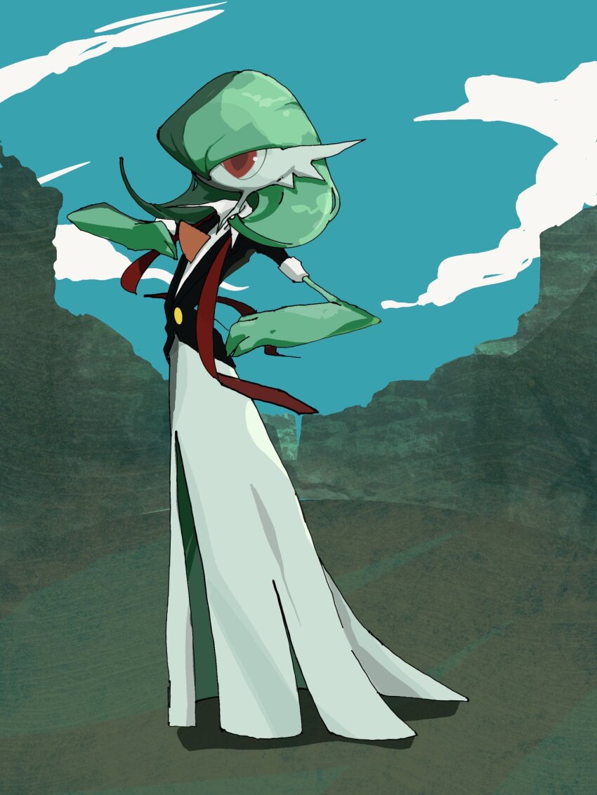 blue_sky bob_cut clothed_pokemon cloud collared_shirt colored_skin dress gardevoir gen_3_pokemon green_hair green_skin hair_over_one_eye highres loose_necktie multicolored_skin mxlaghrsuk33yws necktie nintendo pink_eyes pokemon pokemon_(creature) shirt sky sleeves_rolled_up two-tone_skin white_dress white_shirt white_skin