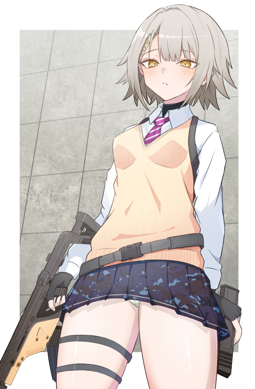 1girl absurdres black_gloves camouflage camouflage_skirt collared_shirt commentary_request cowboy_shot fingerless_gloves girls&#039;_frontline girls&#039;_frontline_2:_exilium gloves grey_hair gun hair_ornament hairpin highres holding holding_gun holding_magazine holding_weapon inofuchi inset_border kriss_vector looking_at_viewer magazine_(object) necktie official_alternate_costume panties pantyshot purple_necktie shirt short_hair skirt solo striped_necktie submachine_gun sweater_vest tile_wall tiles underwear vector_(girls&#039;_frontline) vector_(girls&#039;_frontline_2) vector_(vivi_sometimes_hides_her_molotovs)_(girls&#039;_frontline_2) weapon white_panties white_shirt x_hair_ornament yellow_eyes yellow_sweater_vest