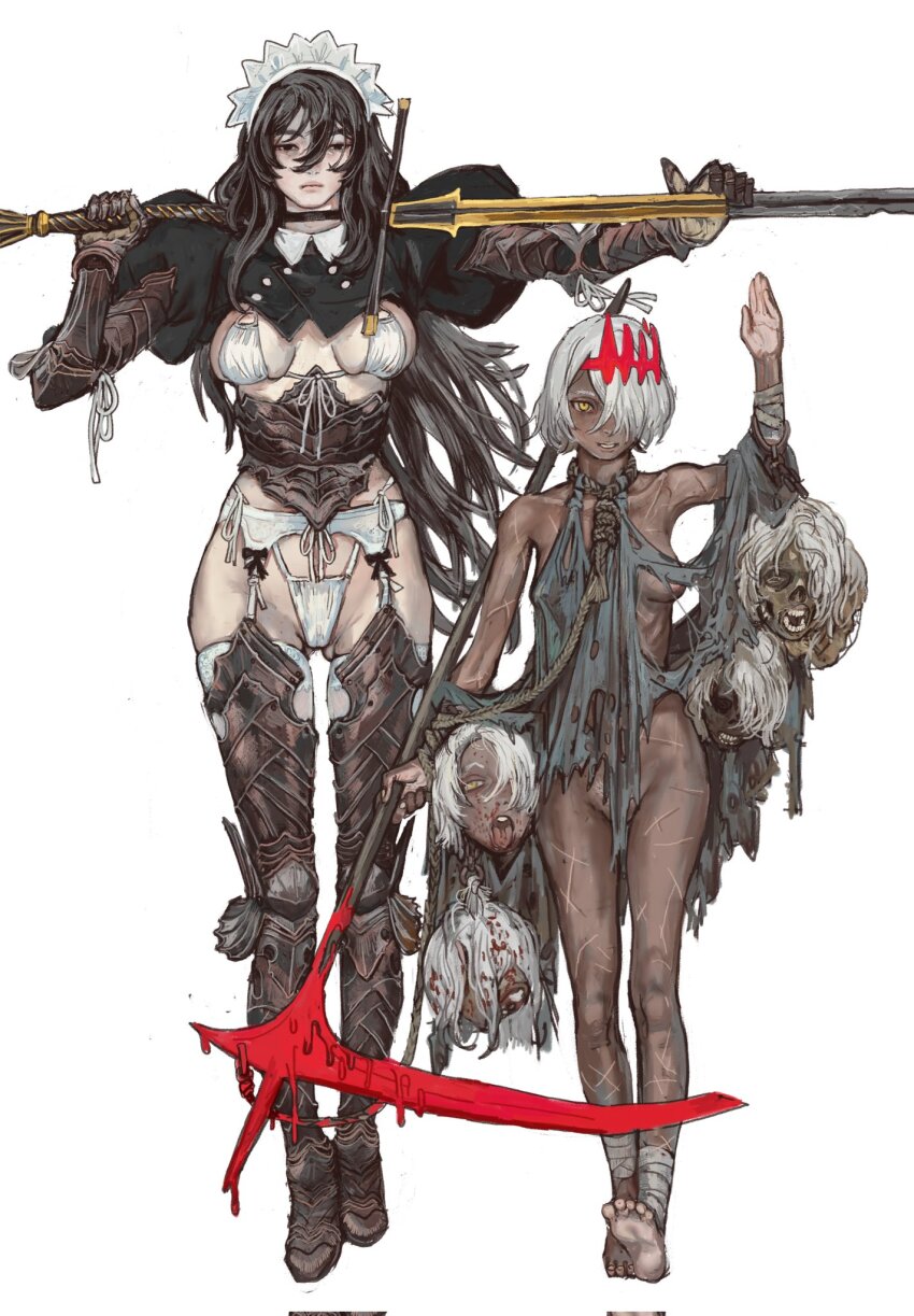 2girls areola_slip arm_up bikini black_eyes black_hair blood bloody_weapon breasts character_request collar copyright_request crown dark-skinned_female dark_skin disembodied_head executioner executioner_maid_(centurii-chan) female_pubic_hair garter_belt gauntlets hair_over_one_eye height_difference highres leg_armor long_hair looking_at_viewer maid maid_headdress medium_breasts mossacannibalis multiple_girls no_bra no_panties o-ring o-ring_bikini pubic_hair pubic_hair_peek rags rope scar scythe short_hair side-tie_bikini_bottom skindentation solaria_(ebonyxh) swimsuit sword teeth thighhighs tongue tongue_out unconventional_maid very_long_hair weapon white_background white_bikini white_hair white_pubic_hair yellow_eyes zweihander