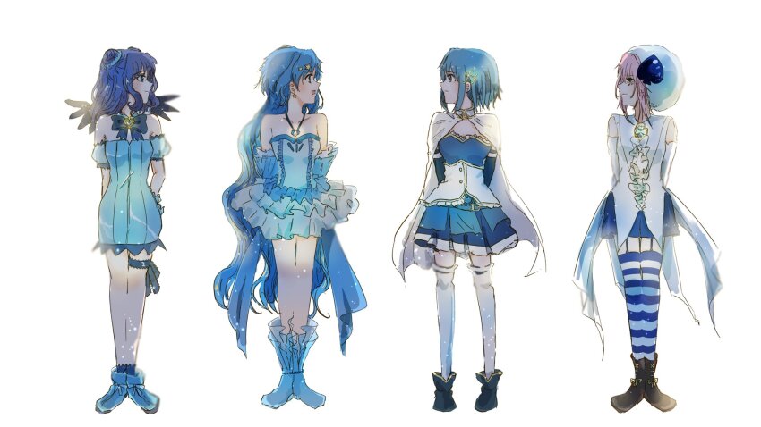 4girls aizawa_mint amulet_spade arms_behind_back bare_shoulders belt blue_dress blue_hair blue_skirt cape collarbone color_connection crossover detached_sleeves double_bun dress earrings fortissimo frilled_dress frills garter_belt garter_straps guardian_chara hair_bun hair_ornament hat hay_fev_12 highres hinamori_amu houshou_hanon houshou_hanon_(idol) jacket jewelry long_hair looking_at_another magical_girl mahou_shoujo_madoka_magica mahou_shoujo_madoka_magica_(anime) mermaid_melody_pichi_pichi_pitch mew_mint miki_sayaka miki_sayaka_(magical_girl) multiple_crossover multiple_girls musical_note musical_note_hair_ornament open_mouth pendant pink_hair puffy_detached_sleeves puffy_sleeves short_hair shugo_chara! simple_background skirt sleeveless sleeveless_dress spade_(shape) standing star_(symbol) star_hair_ornament striped_clothes striped_thighhighs thighhighs tokyo_mew_mew white_background white_cape white_hat white_jacket white_thighhighs