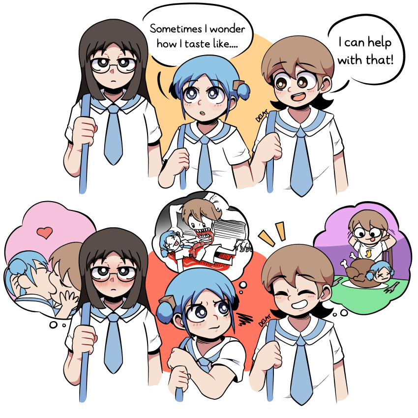 3girls :d :o :| absurdres aioi_yuuko artist_name bag bib black_hair blood blue_eyes blue_hair blue_necktie blush bright_pupils brown_eyes brown_hair cannibalism chicken_(food) closed_mouth cropped_torso cube_hair_ornament delatoid english_text food glasses hair_ornament heart highres himejoshi how_i_taste_(meme) intestines kiss long_hair meme minakami_mai mogura_(nichijou) multiple_girls naganohara_mio necktie nichijou open_mouth sailor_collar school_uniform sharp_teeth shirt short_hair short_sleeves short_twintails shoulder_bag signature simple_background smile speech_bubble strap teeth thought_bubble tokisadame_school_uniform twintails white_background white_pupils white_shirt x_x yoshi_and_toad_kissing_(meme) yuri