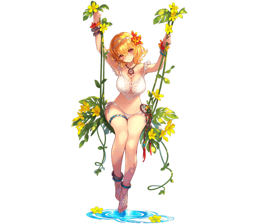1girl blonde_hair closed_mouth da-kuro eros_(phantom_of_the_kill) flower full_body hair_flower hair_ornament highres looking_at_viewer on_swing outdoors phantom_of_the_kill red_eyes sitting solo swimsuit swing thighs