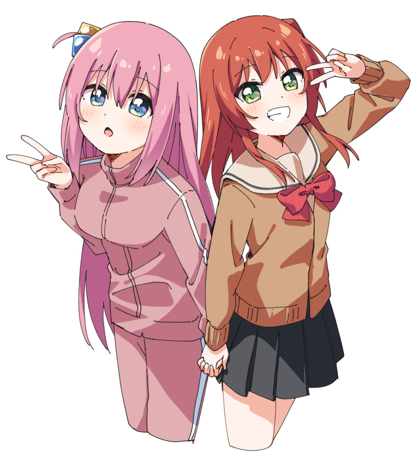 2girls :o arm_up black_skirt blue_eyes blush bocchi_the_rock! bow bowtie brown_cardigan cardigan commentary cropped_legs dot_nose gotoh_hitori green_eyes grin hair_between_eyes hair_ornament hand_up haru_(konomi_150) holding_hands jacket kita_ikuyo long_hair long_sleeves looking_at_viewer multiple_girls one_side_up open_mouth pants pink_hair pink_jacket pink_pants pleated_skirt red_bow red_bowtie red_hair sailor_collar school_uniform shuka_high_school_uniform sidelocks simple_background skirt smile track_jacket turtleneck turtleneck_jacket v white_background white_sailor_collar