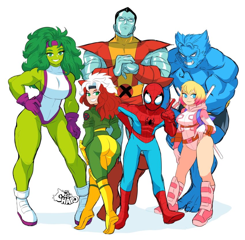 3boys 3girls antenna_hair armor artist_logo ass backpack bag beast_(x-men) belt_buckle biceps big_hair black_hair black_headband blonde_hair blue_bodysuit blue_eyes blue_skin bodysuit boots breasts buckle colored_skin colossus_(x-men) cracking_knuckles cropped_jacket wagging_finger flexing full_body gloves gradient_hair greaves green_eyes green_hair green_jacket green_skin gwenpool hand_on_own_hip hand_on_own_thigh headband height_difference highres hood hood_down hooded_leotard in-franchise_crossover jacket knee_boots knee_pads large_breasts leotard logo long_hair marvel medium_breasts metal_skin multicolored_bodysuit multicolored_hair multiple_boys multiple_girls muscular muscular_female muscular_male no_pupils pink_hair purple_gloves purple_headband red_hair rogue_(x-men) she-hulk shoes short_hair sideboob sneakers sonchapo spider-man spider-man_(series) split-color_hair superhero_costume tiptoes tusks two-tone_hair weapon weapon_on_back white_hair white_leotard x-men yellow_boots yellow_gloves
