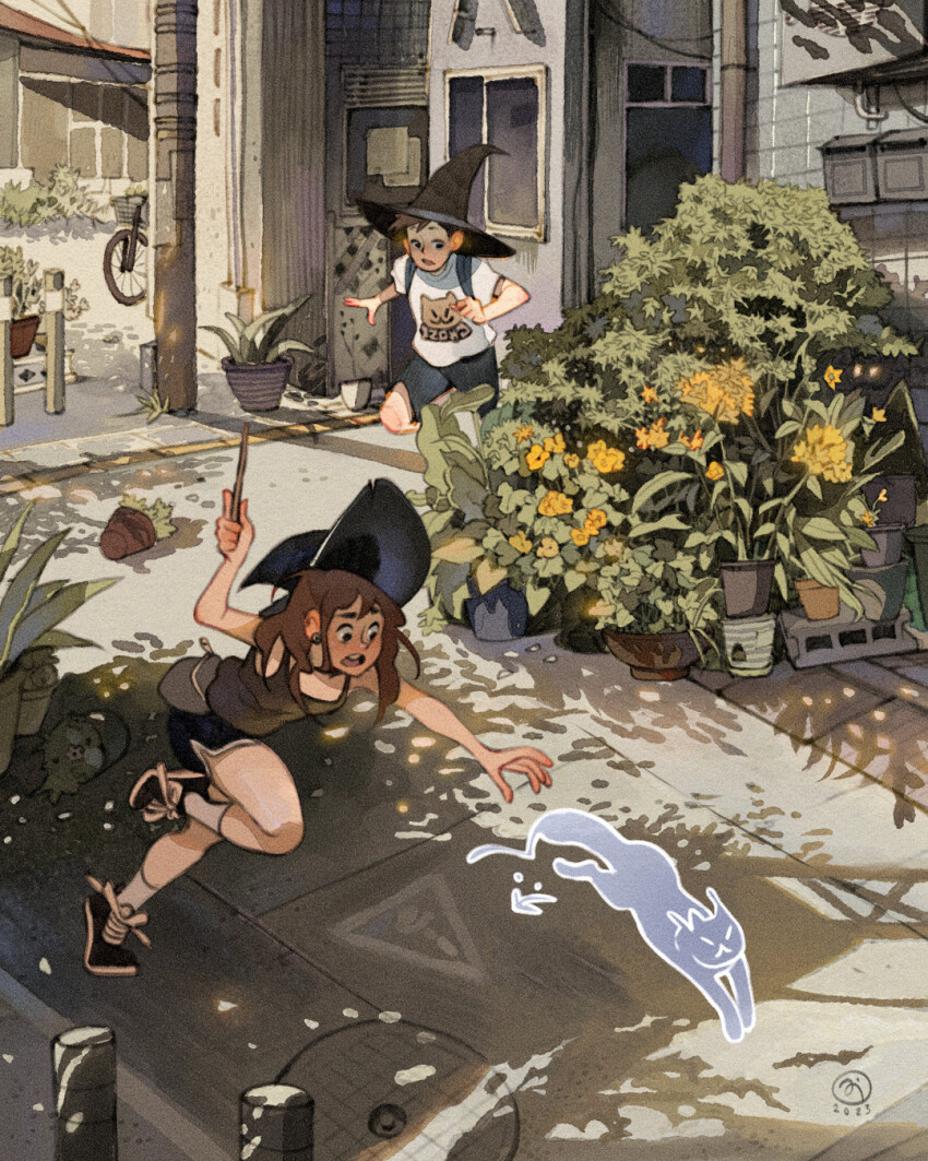 1boy 1girl artist_logo backpack bag bicycle black_eyes black_hat black_shoes black_shorts bollard brown_camisole brown_hair building camisole cat condenser_unit dappled_sunlight dated day drainpipe earrings fanny_pack flower ghost hat highres holding holding_wand jewelry knee_up logo looking_at_animal manhole_cover medium_hair original outdoors pavement plant potted_plant power_lines print_shirt running shirt shoes short_hair shorts simz socks sunlight teeth town upper_teeth_only utility_pole wand white_shirt white_socks white_trim window witch_hat yellow_flower