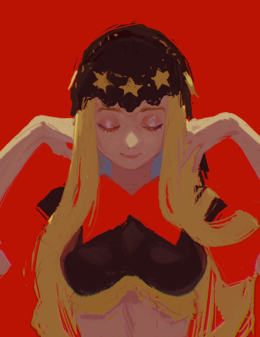1girl absurdres adjusting_hair blending blonde_hair closed_eyes facing_viewer highres hood long_hair mossan351 odin_sphere red_background sketch smile solo upper_body velvet_(odin_sphere)